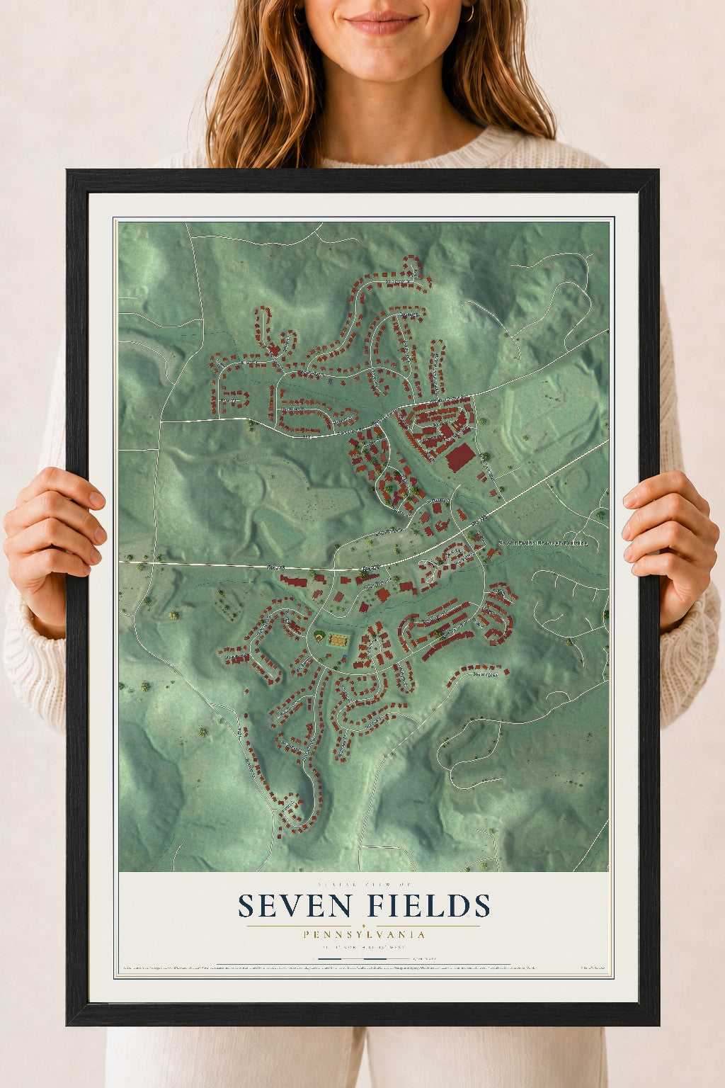 Map of Seven Fields, Pennsylvania, 18 x 24 inch print in a black wood frame