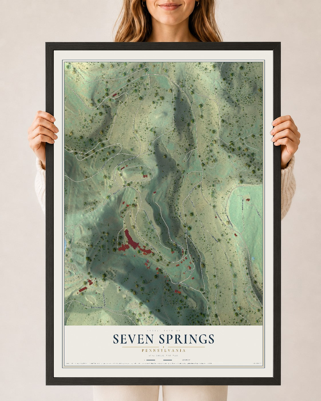 Map of Seven Springs, Pennsylvania, 24 x 36 inch print in a black wood frame
