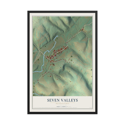 Map of Seven Valleys, Pennsylvania, 12 x 18 inch print in a black wood frame