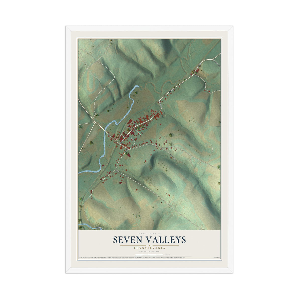 Map of Seven Valleys, Pennsylvania, 12 x 18 inch print in a white wood frame