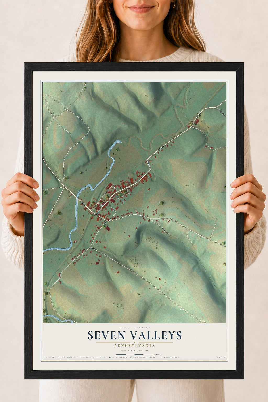 Map of Seven Valleys, Pennsylvania, 18 x 24 inch print in a black wood frame