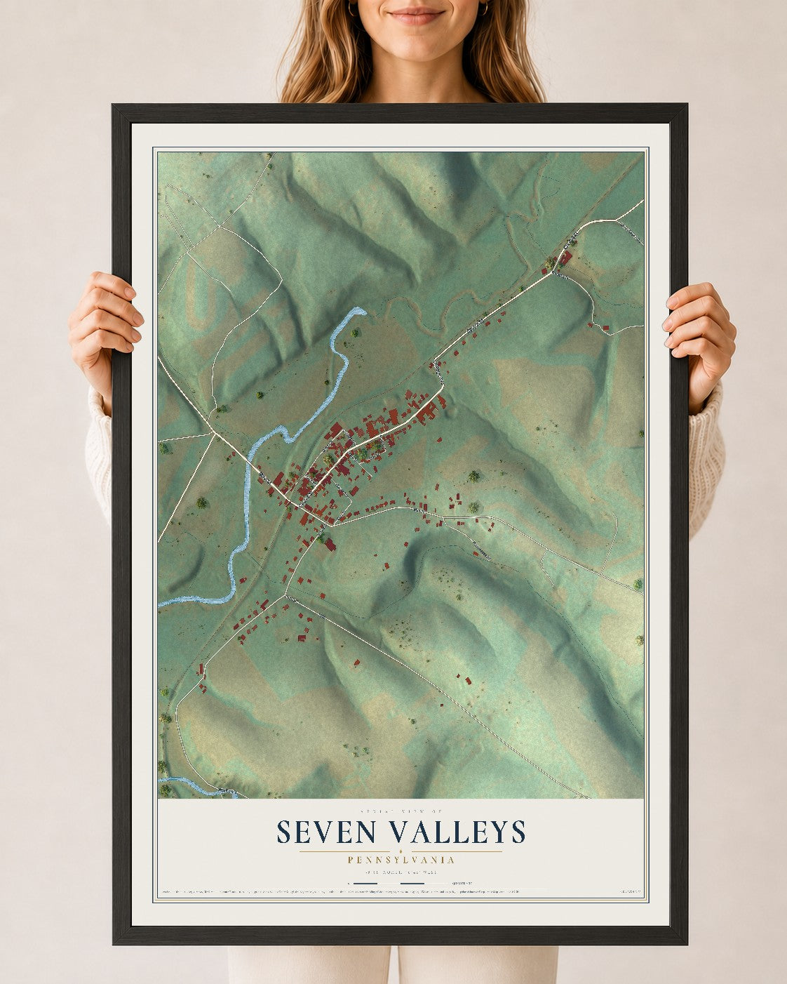 Map of Seven Valleys, Pennsylvania, 24 x 36 inch print in a black wood frame