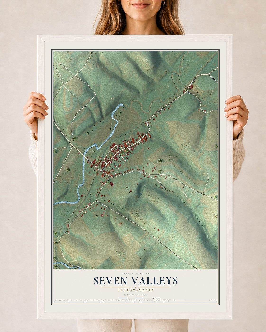Map of Seven Valleys, Pennsylvania, 24 x 36 inch print in a white wood frame
