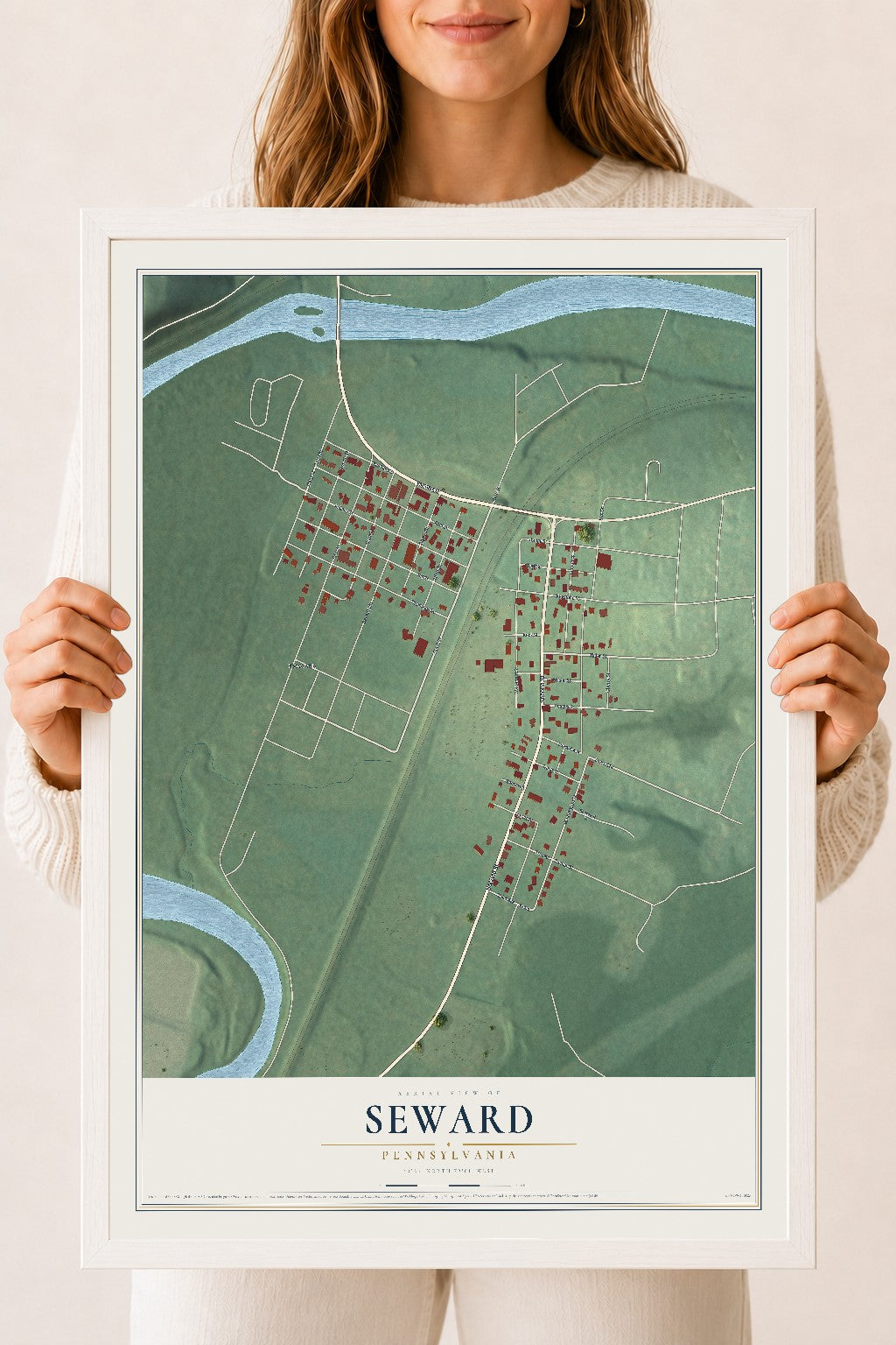 Map of Seward, Pennsylvania, 18 x 24 inch print in a white wood frame