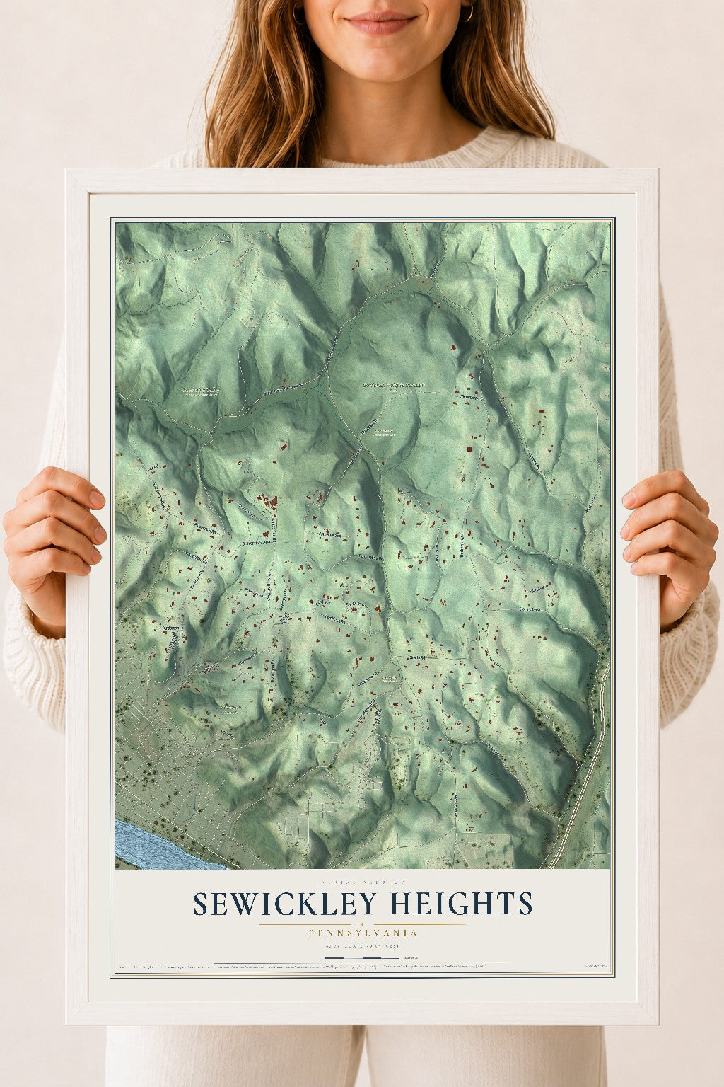 Map of Sewickley Heights, Pennsylvania, 18 x 24 inch print in a white wood frame
