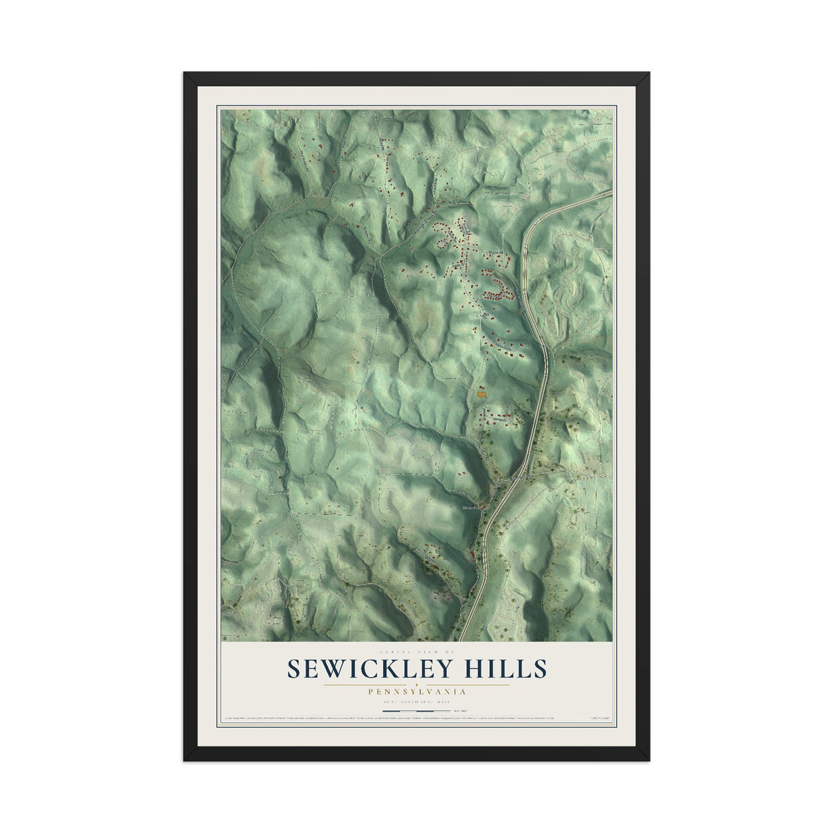 Map of Sewickley Hills, Pennsylvania, 12 x 18 inch print in a black wood frame