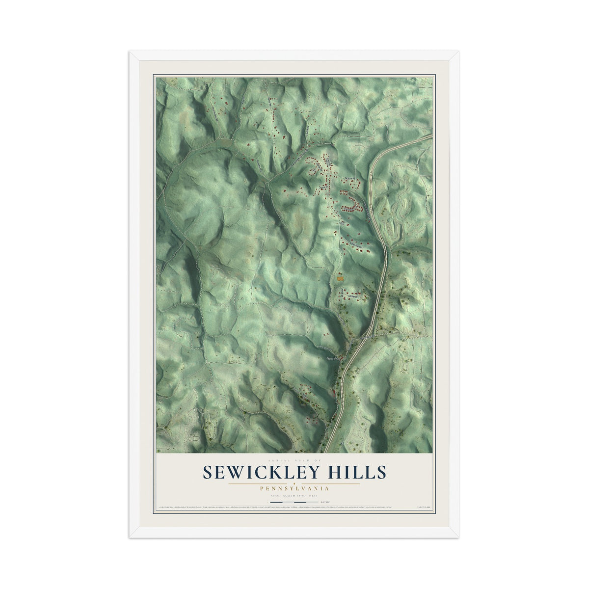 Map of Sewickley Hills, Pennsylvania, 12 x 18 inch print in a white wood frame