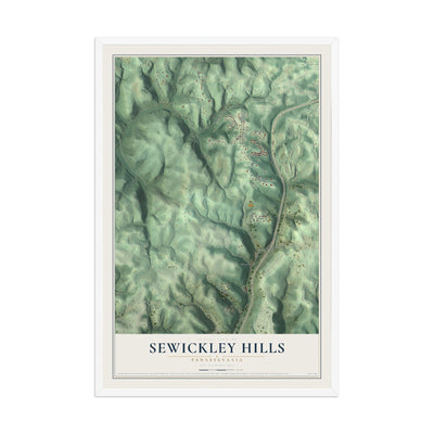 Map of Sewickley Hills, Pennsylvania, 12 x 18 inch print in a white wood frame