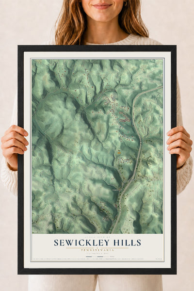 Map of Sewickley Hills, Pennsylvania, 18 x 24 inch print in a black wood frame