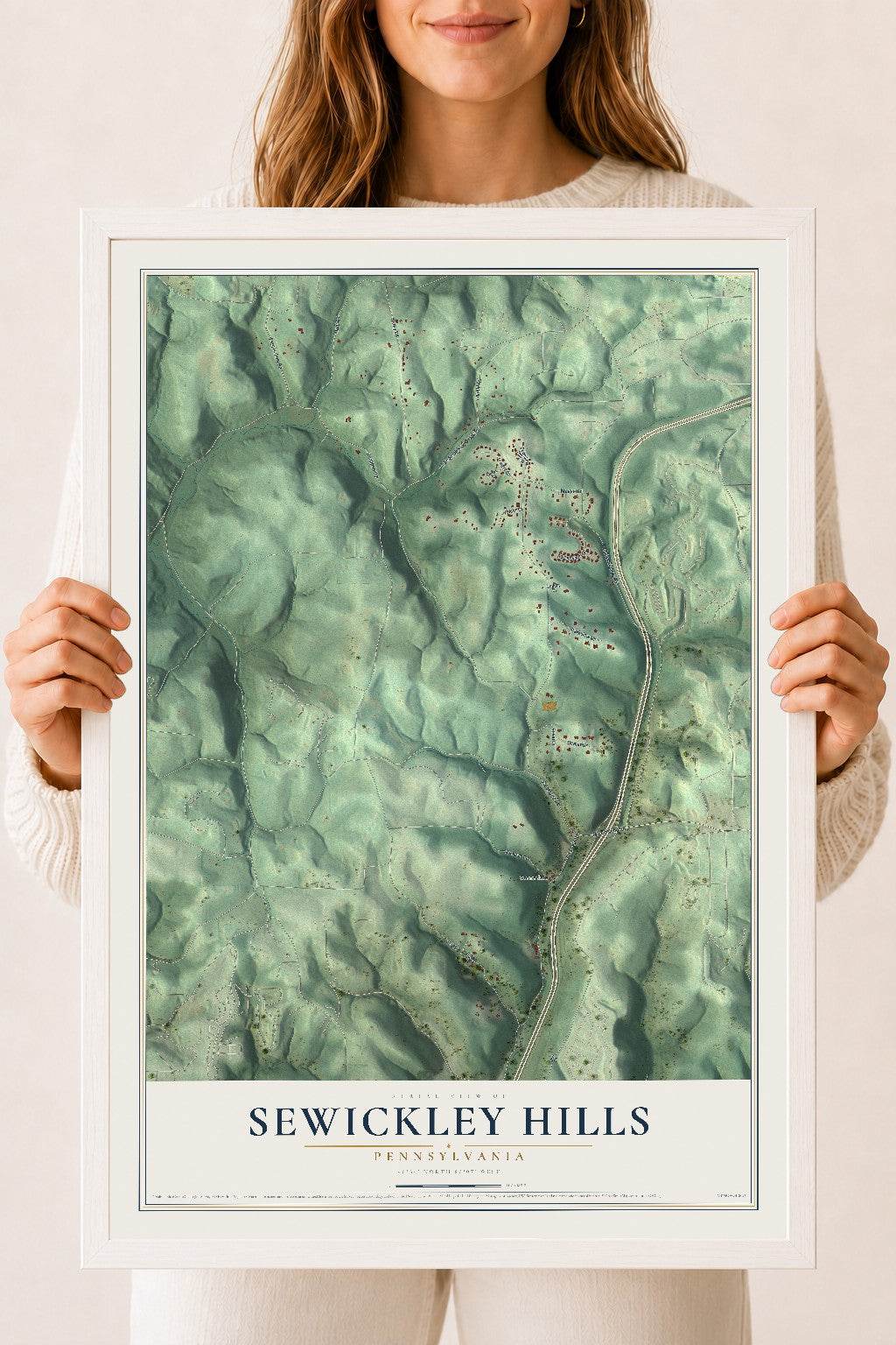 Map of Sewickley Hills, Pennsylvania, 18 x 24 inch print in a white wood frame