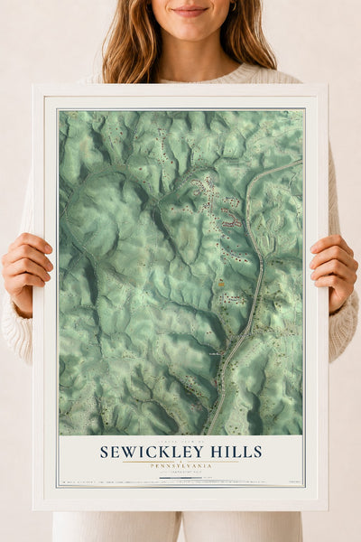 Map of Sewickley Hills, Pennsylvania, 18 x 24 inch print in a white wood frame