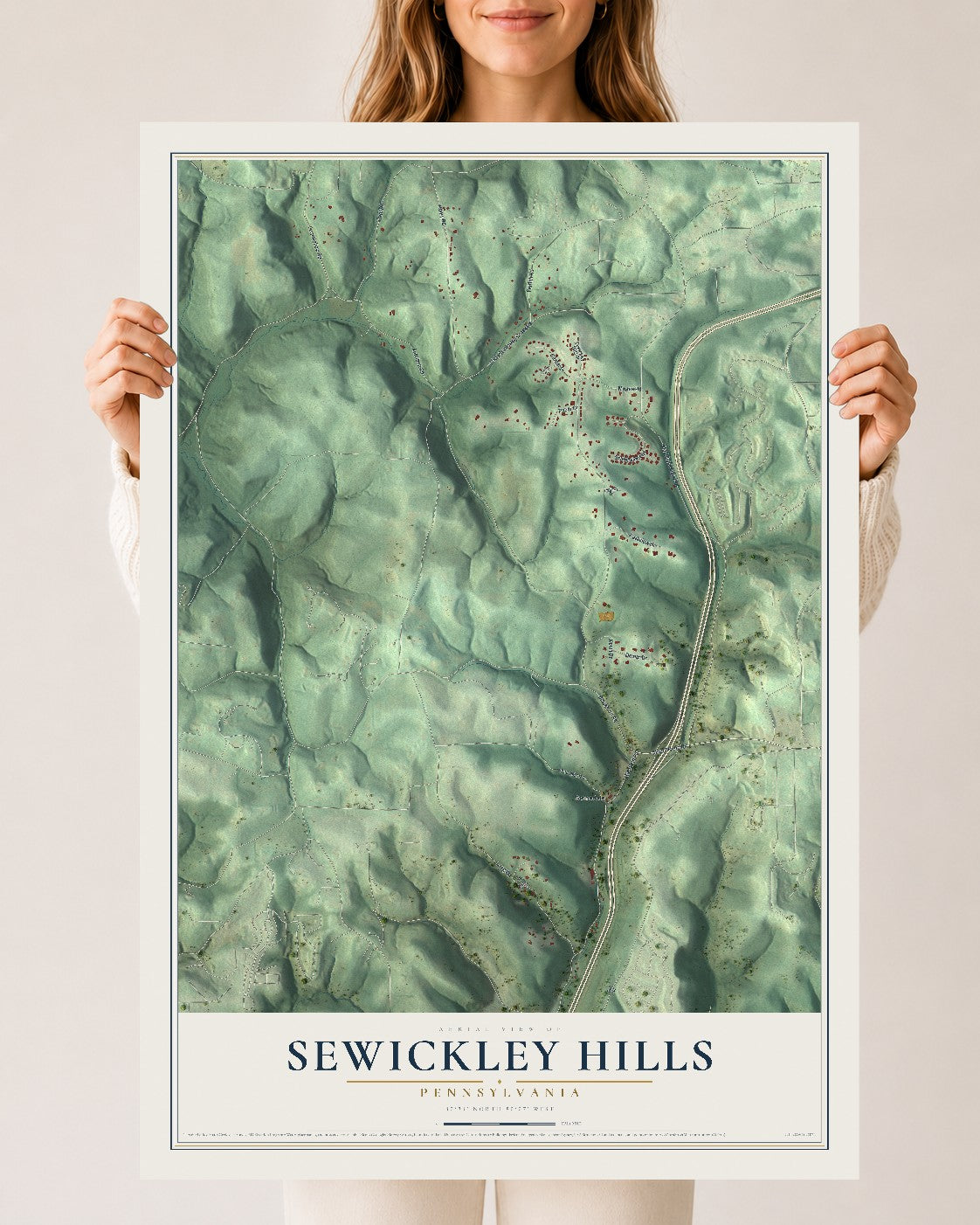 Map of Sewickley Hills, Pennsylvania, 24 x 36 inch unframed archival matte print