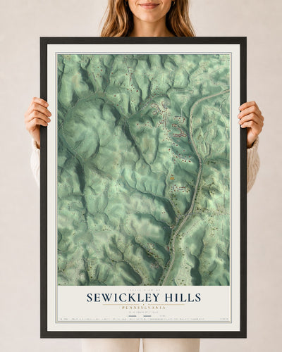 Map of Sewickley Hills, Pennsylvania, 24 x 36 inch print in a black wood frame