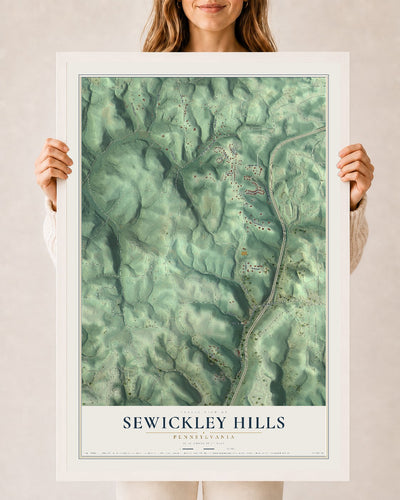 Map of Sewickley Hills, Pennsylvania, 24 x 36 inch print in a white wood frame