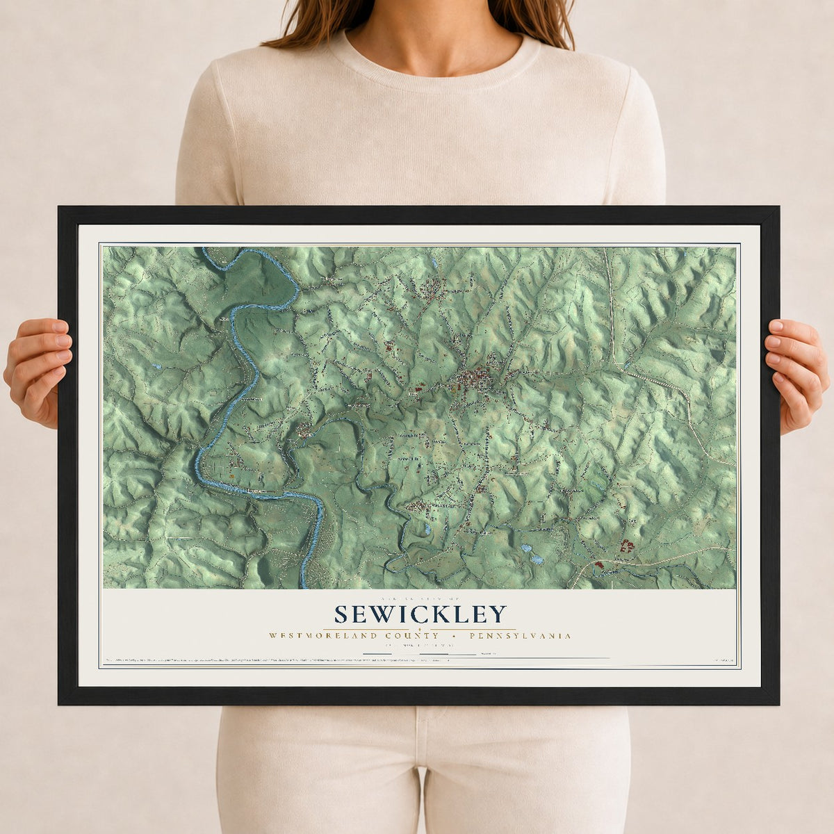 Map of Sewickley, Westmoreland County, Pennsylvania, 12 x 18 inch print in a black wood frame