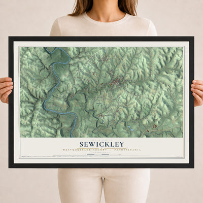 Map of Sewickley, Westmoreland County, Pennsylvania, 18 x 24 inch print in a black wood frame