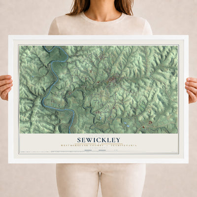 Map of Sewickley, Westmoreland County, Pennsylvania, 18 x 24 inch print in a white wood frame