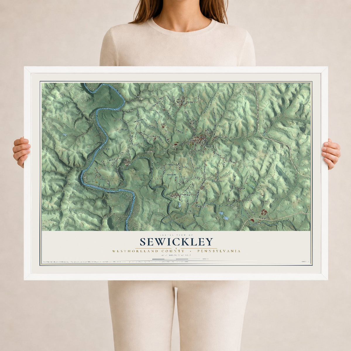 Map of Sewickley, Westmoreland County, Pennsylvania, 24 x 36 inch print in a white wood frame