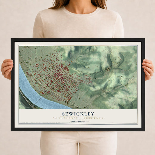 Map of Sewickley, Allegheny County, Pennsylvania, 12 x 18 inch print in a black wood frame