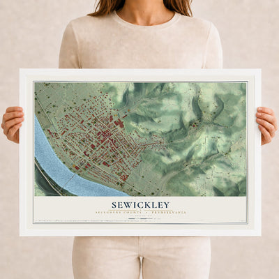 Map of Sewickley, Allegheny County, Pennsylvania, 12 x 18 inch print in a white wood frame