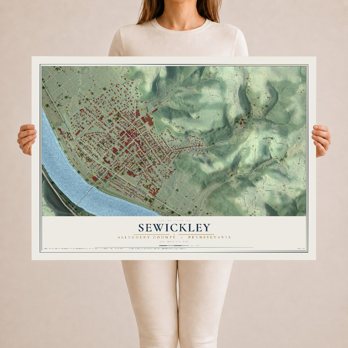 Map of Sewickley, Allegheny County, Pennsylvania, 24 x 36 inch unframed archival matte print