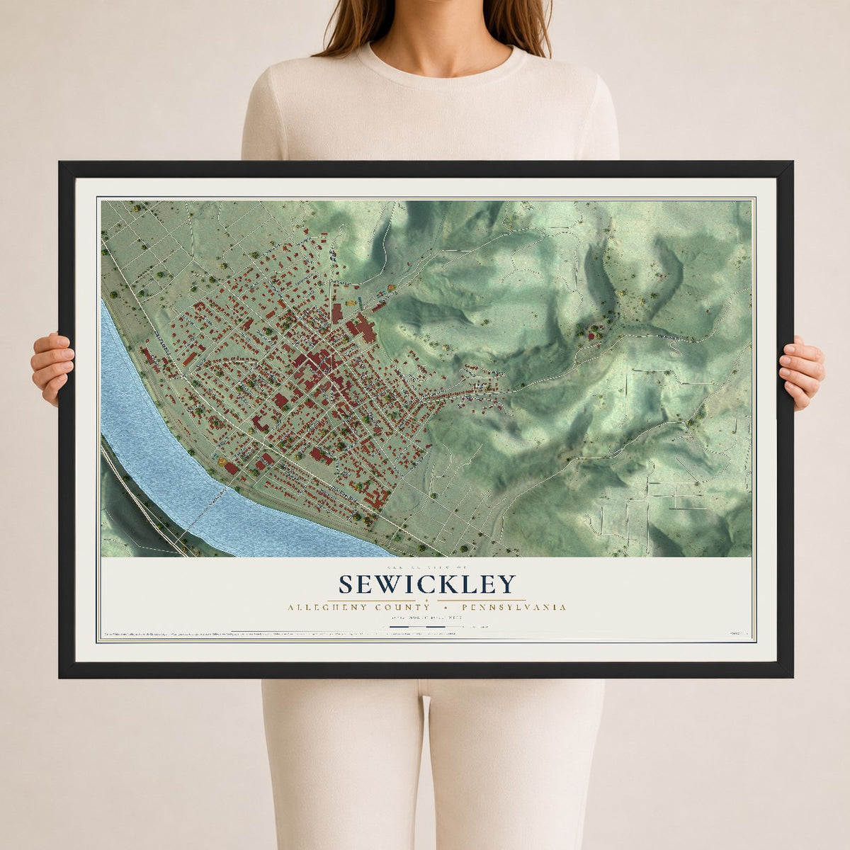 Map of Sewickley, Allegheny County, Pennsylvania, 24 x 36 inch print in a black wood frame