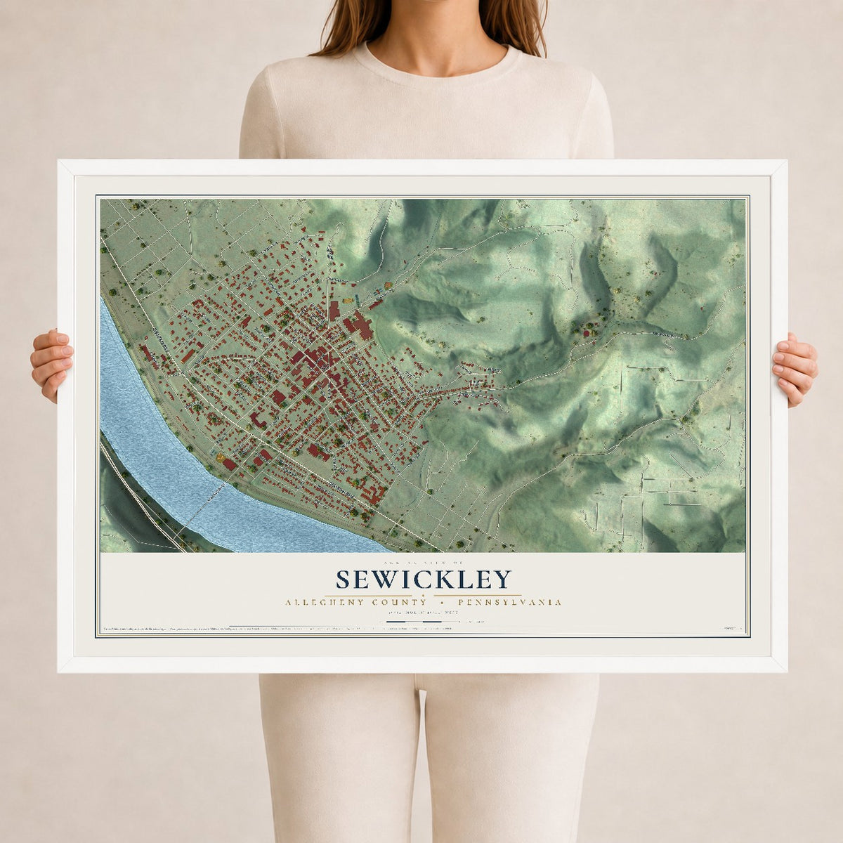 Map of Sewickley, Allegheny County, Pennsylvania, 24 x 36 inch print in a white wood frame