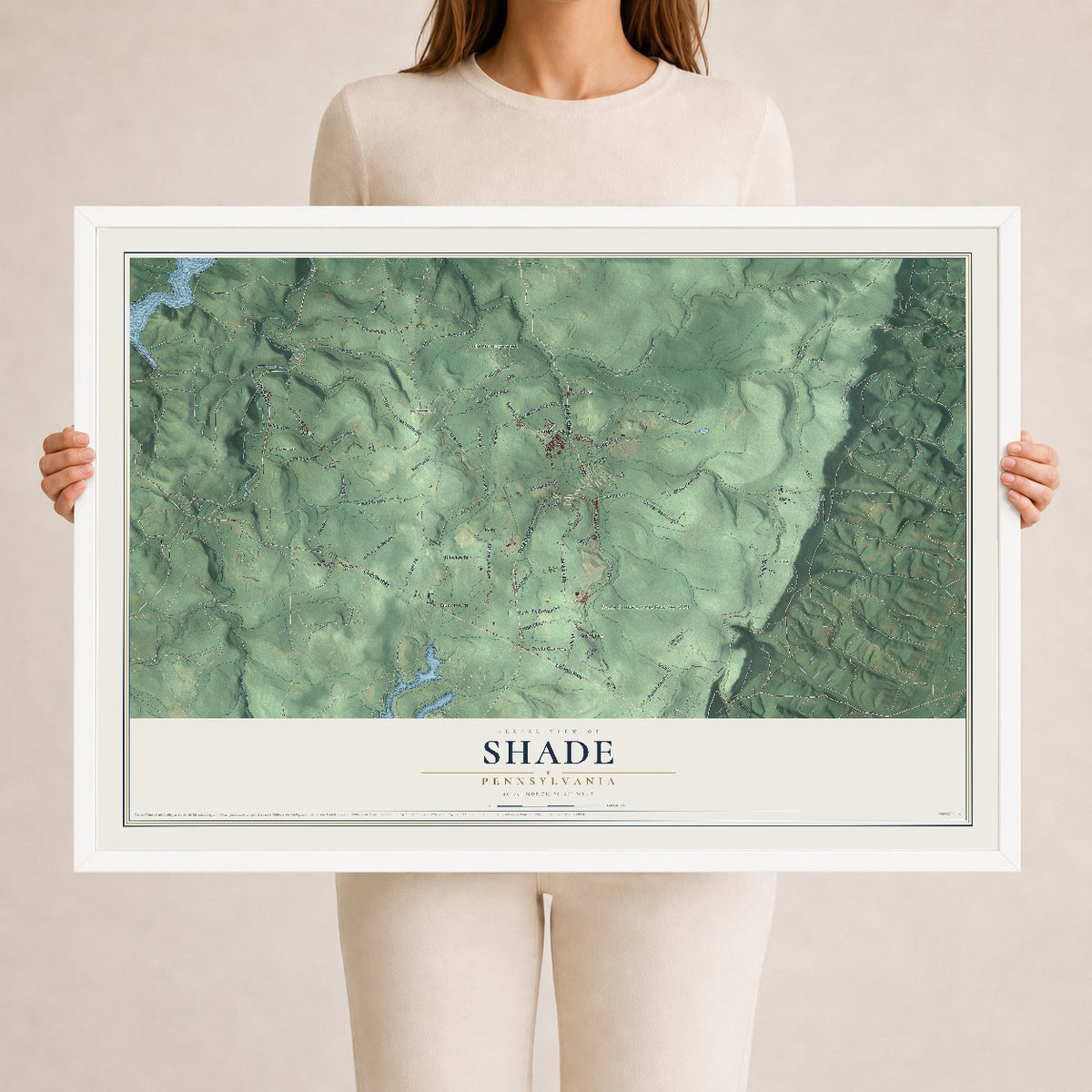 Map of Shade, Pennsylvania, 24 x 36 inch print in a white wood frame