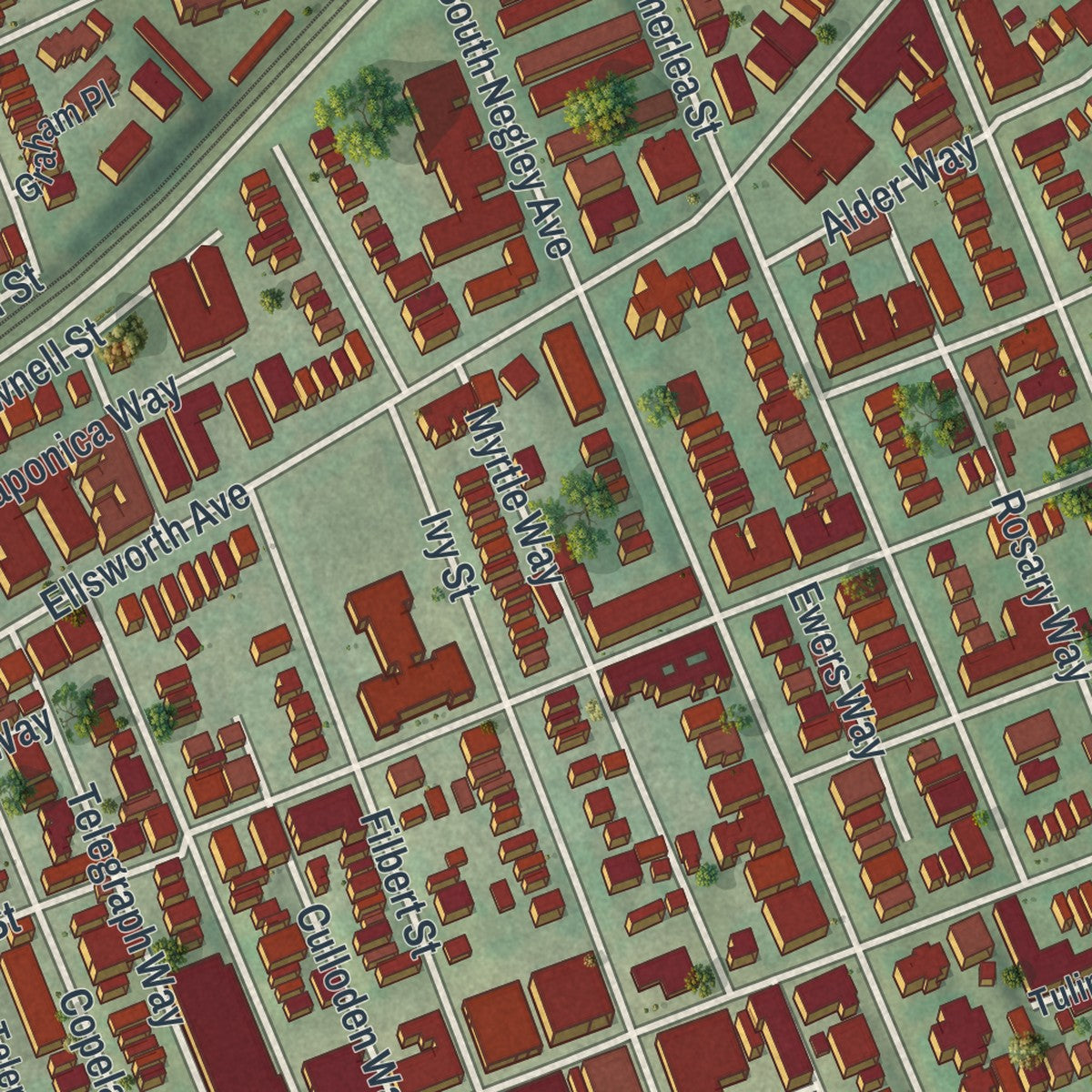 Close-up of the map of Shadyside, Pennsylvania print showing street and building detail