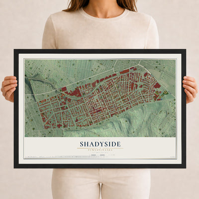Map of Shadyside, Pennsylvania, 12 x 18 inch print in a black wood frame