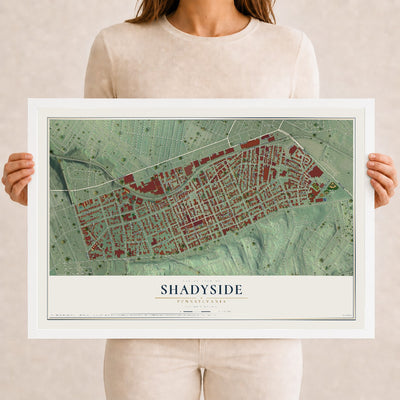 Map of Shadyside, Pennsylvania, 12 x 18 inch print in a white wood frame