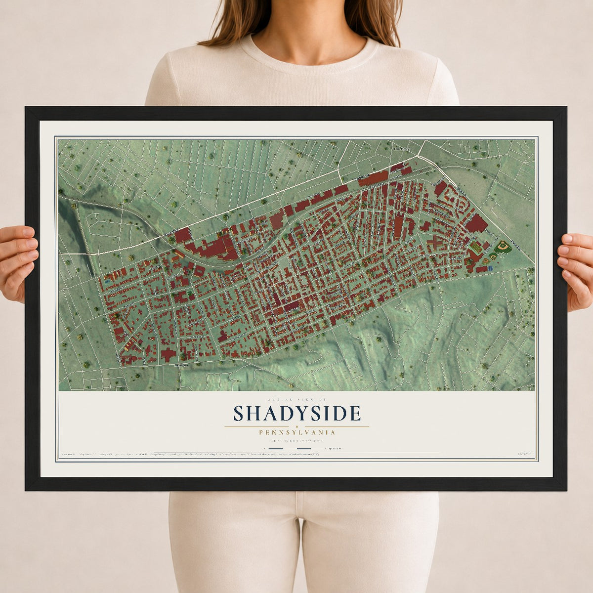 Map of Shadyside, Pennsylvania, 18 x 24 inch print in a black wood frame