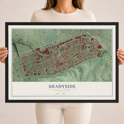 Map of Shadyside, Pennsylvania, 18 x 24 inch print in a black wood frame