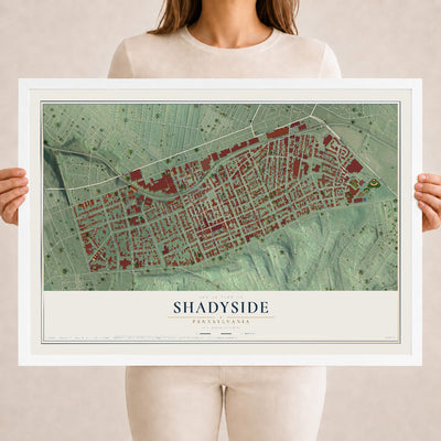 Map of Shadyside, Pennsylvania, 18 x 24 inch print in a white wood frame