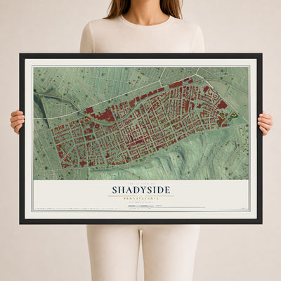 Map of Shadyside, Pennsylvania, 24 x 36 inch print in a black wood frame