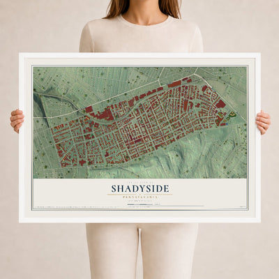 Map of Shadyside, Pennsylvania, 24 x 36 inch print in a white wood frame
