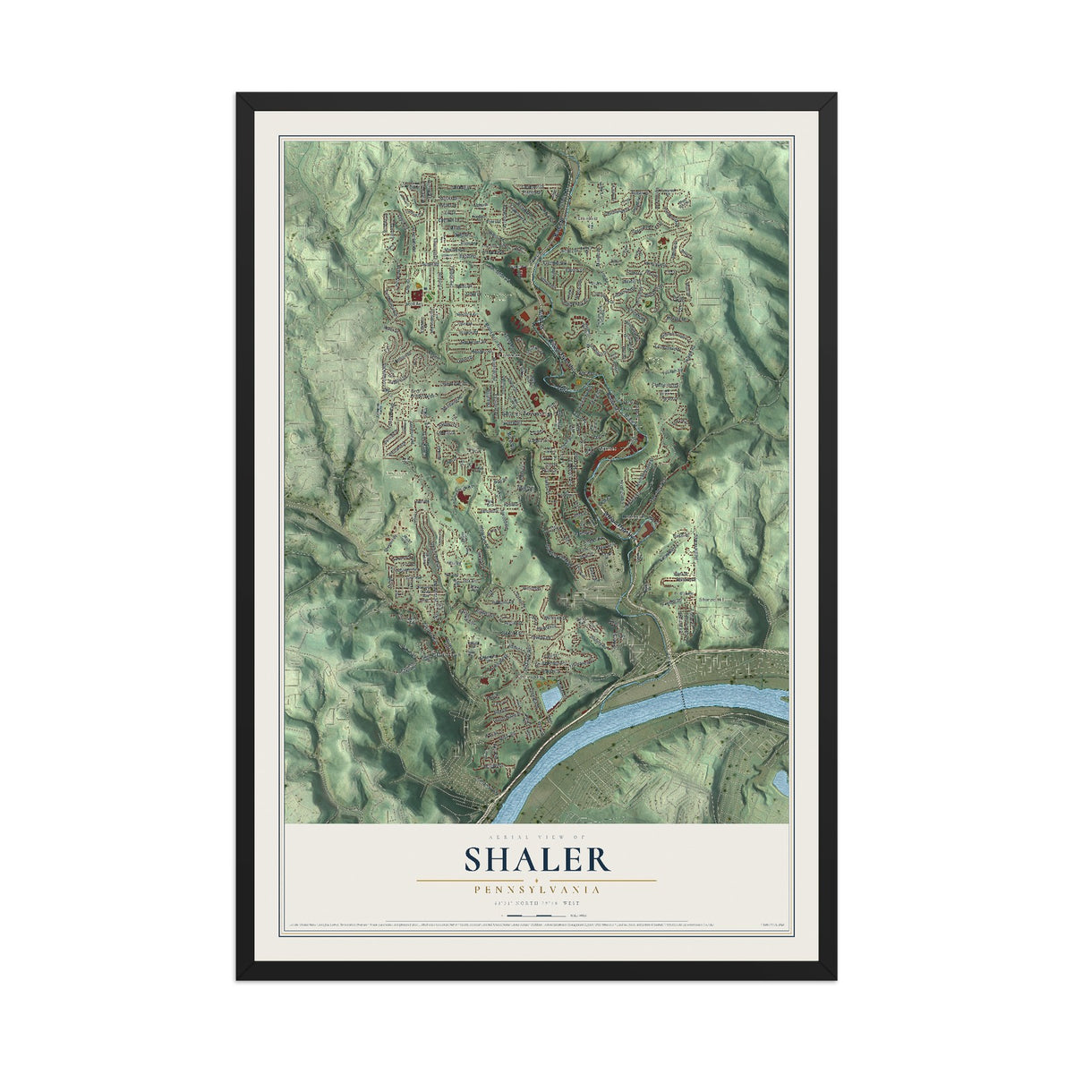 Map of Shaler, Pennsylvania, 12 x 18 inch print in a black wood frame