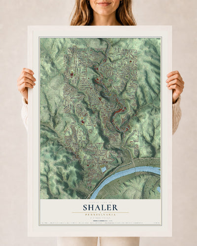 Map of Shaler, Pennsylvania, 24 x 36 inch print in a white wood frame