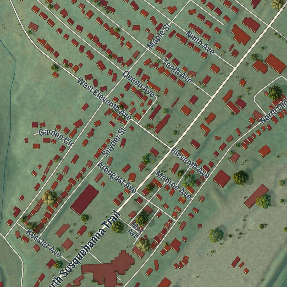 Close-up of the map of Shamokin Dam, Pennsylvania print showing street and building detail