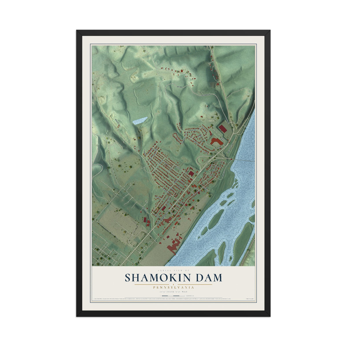 Map of Shamokin Dam, Pennsylvania, 12 x 18 inch print in a black wood frame