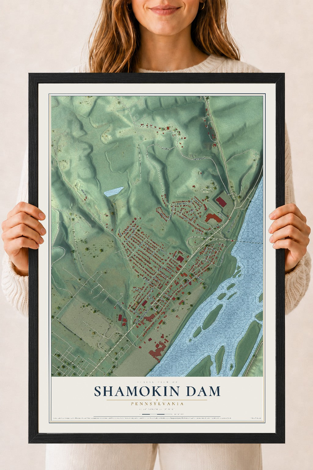 Map of Shamokin Dam, Pennsylvania, 18 x 24 inch print in a black wood frame