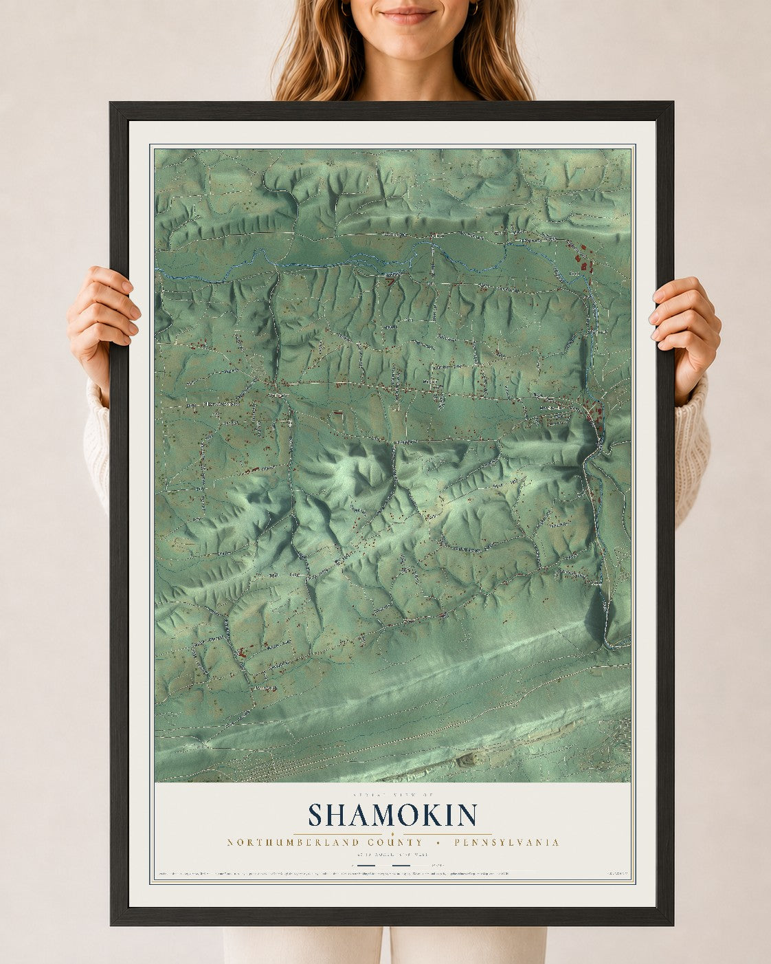 Map of Shamokin, Northumberland County, Pennsylvania, 24 x 36 inch print in a black wood frame