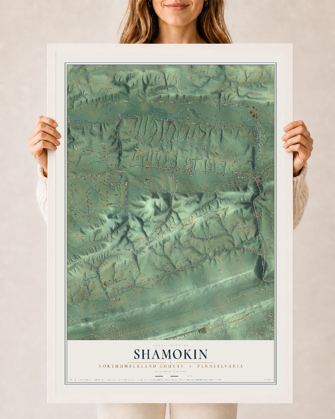 Map of Shamokin, Northumberland County, Pennsylvania, 24 x 36 inch print in a white wood frame
