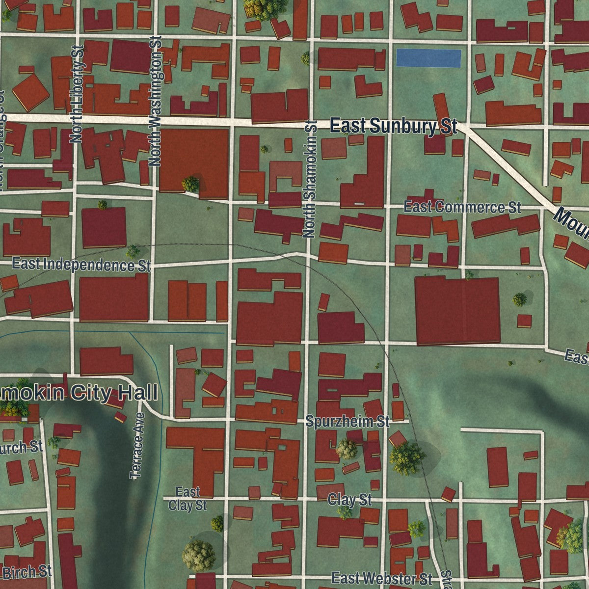 Second close-up of the map of the City of Shamokin, Northumberland County, Pennsylvania print showing more streets and buildings