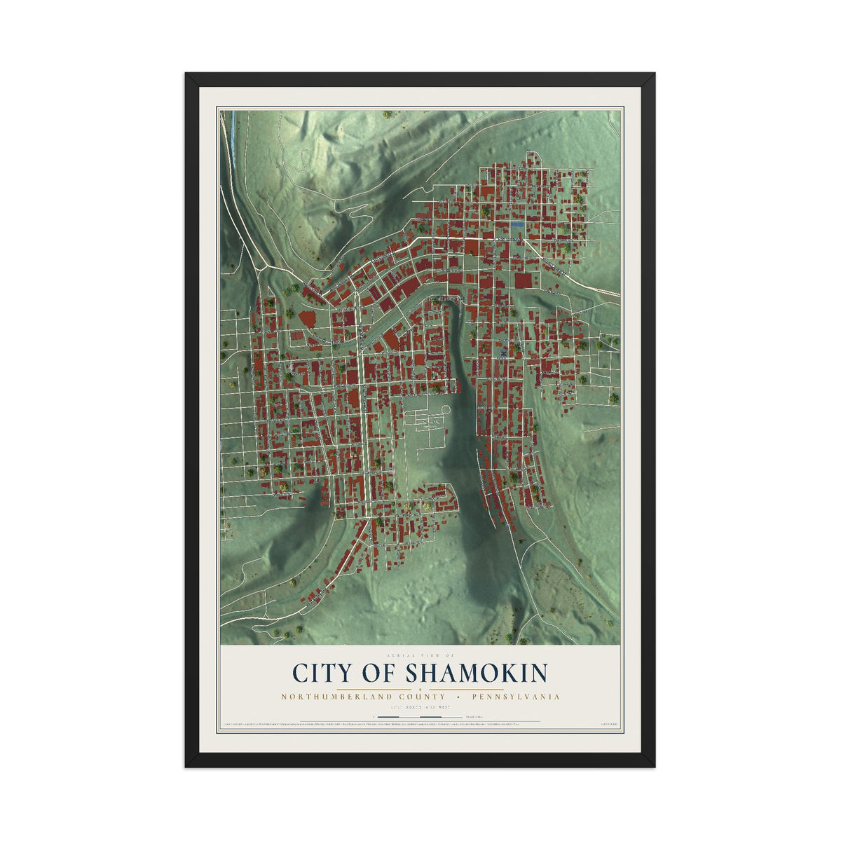 Map of the City of Shamokin, Northumberland County, Pennsylvania, 12 x 18 inch print in a black wood frame