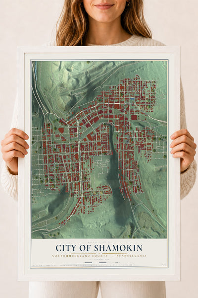 Map of the City of Shamokin, Northumberland County, Pennsylvania, 18 x 24 inch print in a white wood frame