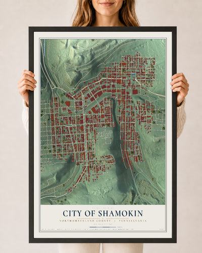Map of the City of Shamokin, Northumberland County, Pennsylvania, 24 x 36 inch print in a black wood frame