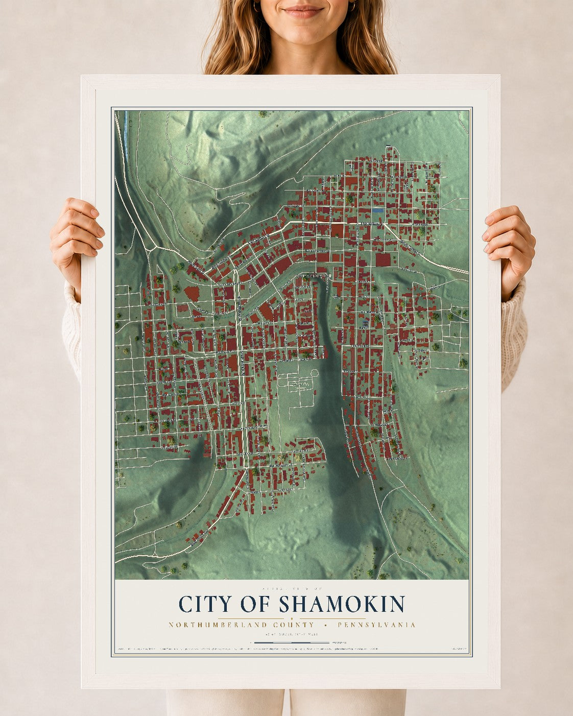 Map of the City of Shamokin, Northumberland County, Pennsylvania, 24 x 36 inch print in a white wood frame
