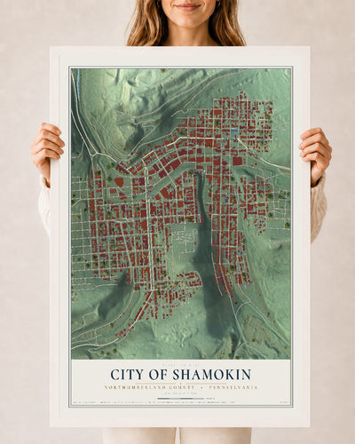 Map of the City of Shamokin, Northumberland County, Pennsylvania, 24 x 36 inch print in a white wood frame