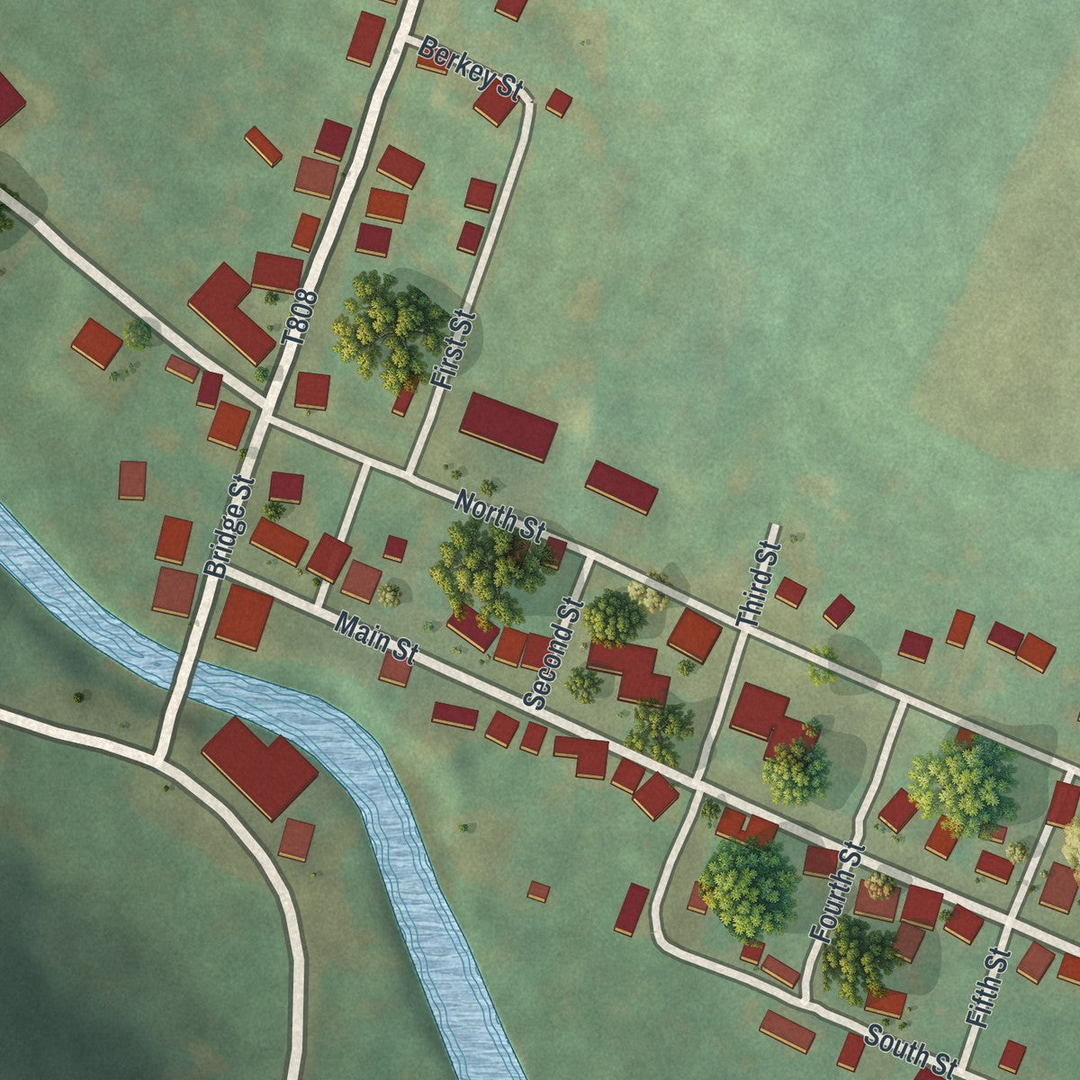 Close-up of the map of Shanksville, Pennsylvania print showing street and building detail